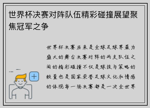 世界杯决赛对阵队伍精彩碰撞展望聚焦冠军之争